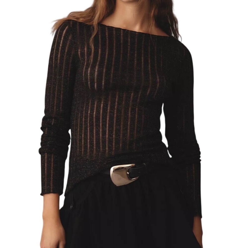Pilcro Anthropologie Perfect Layering Knit Tee Black Metallic Sheer Stretch M